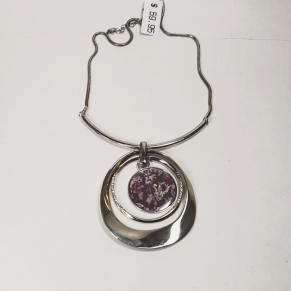 Multi Hoops Flower Pendant Statement Necklace - Polished Silver tone - Picture 4 of 10